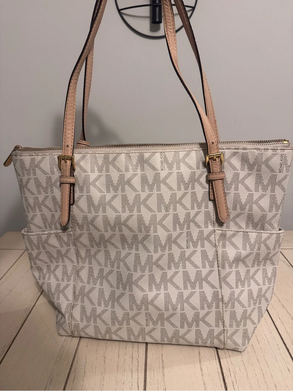 Michael Kors Cream MK Logo Tote with Tan Straps and Gold Charm